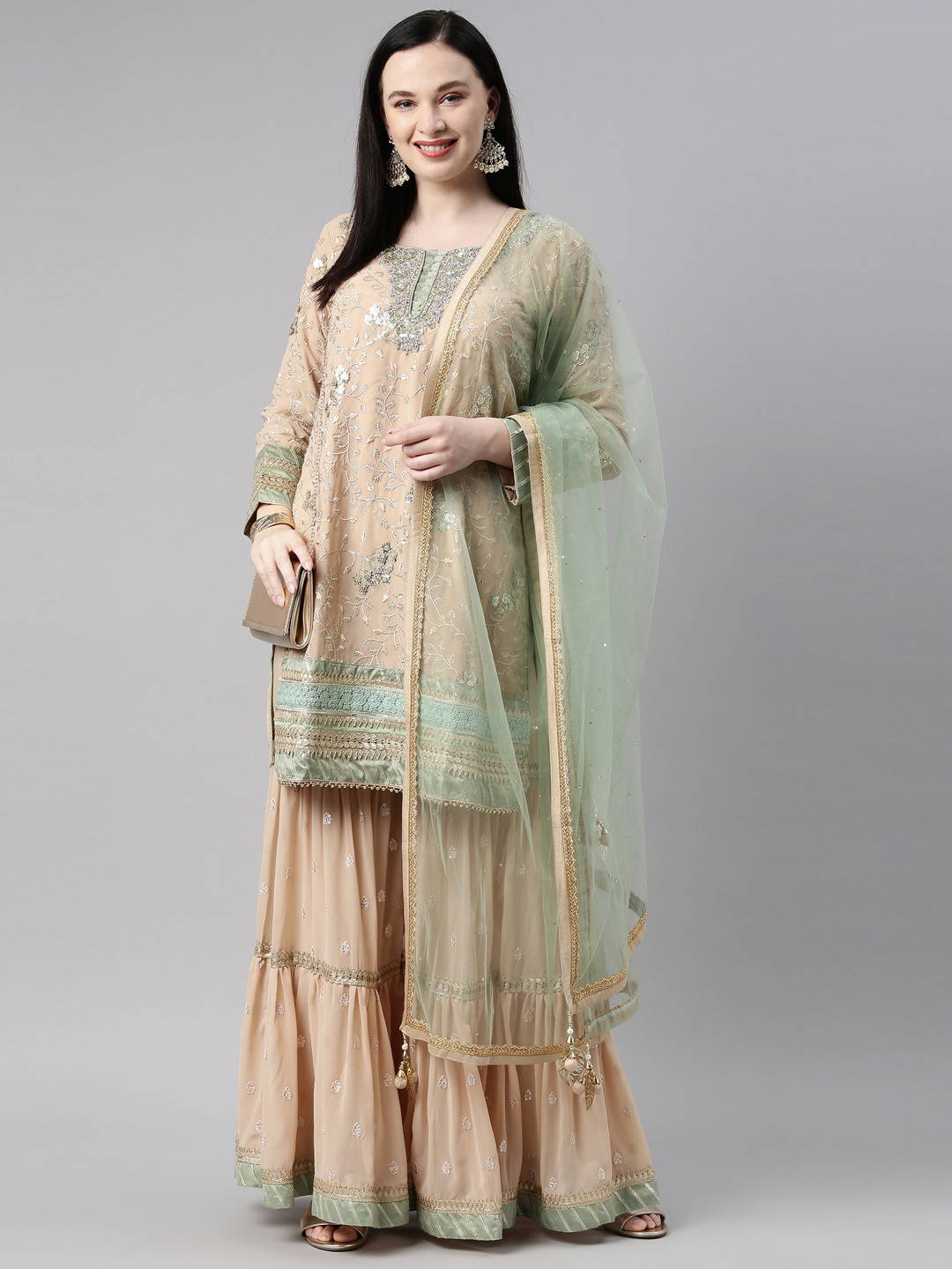 Neerus Olive Floral Embroidered Silk Georgette Kurta Sets